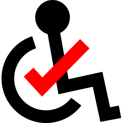 The Accessible Activism Checklist logo: A standard accessible icon depicting a person in a wheelchair; a red checkmark is centered in the wheel and forms the person's arm.