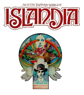Pieces from the cover of the 1975 edition of Islandia, rearranged. Red stylized lettering and a really trippy watercolor illustration that incorporates mountains, an old-fashioned, low-tech city, birds taking off, the face of a woman, some strange starburst/rainbow hybrid, hands outstretched, and a 1920s man on a backdrop of a modern city, with the American flag patterned into his clothing.